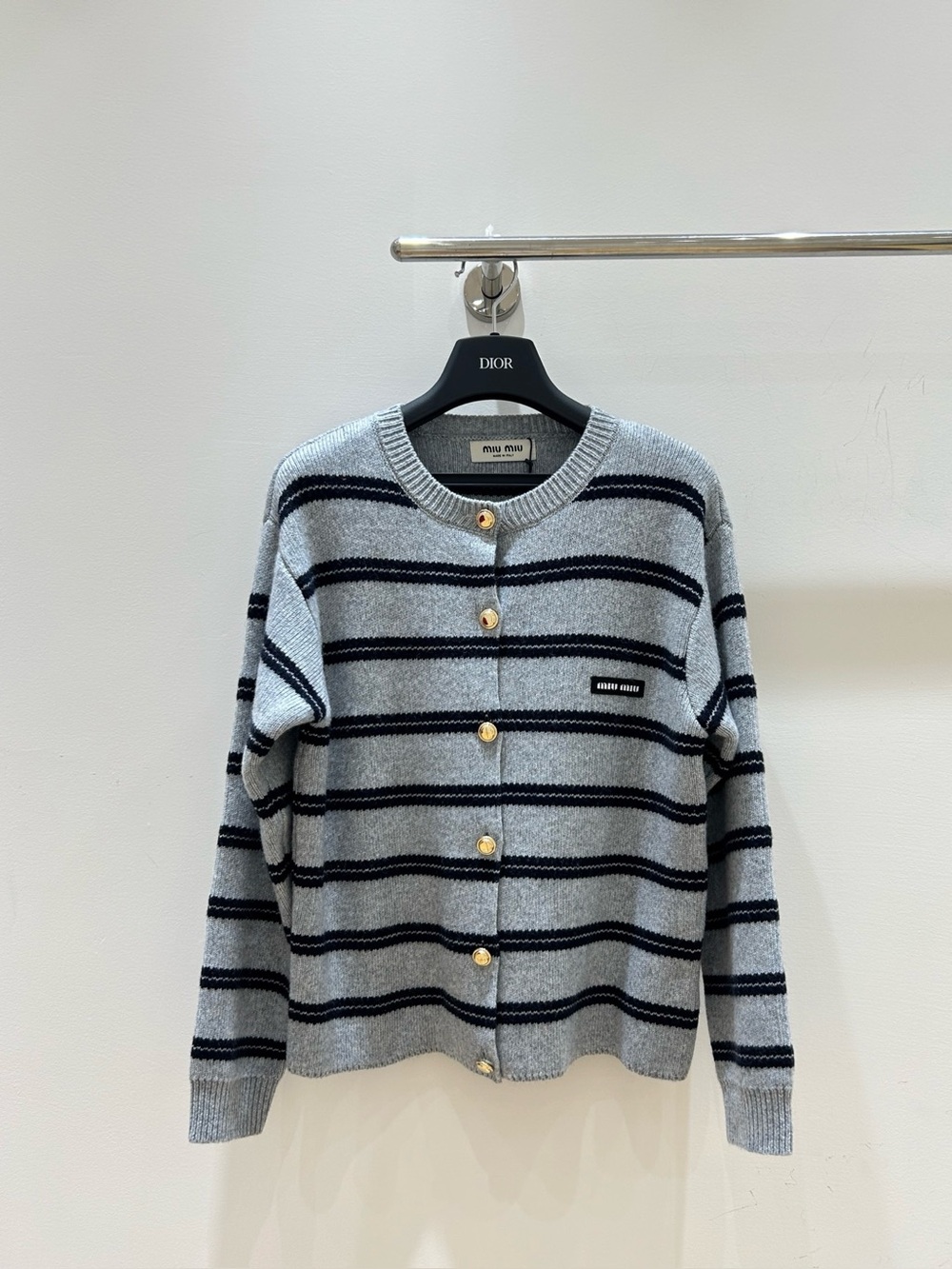 Miu Miu Navy Striped Grey Crew Neck Sweater